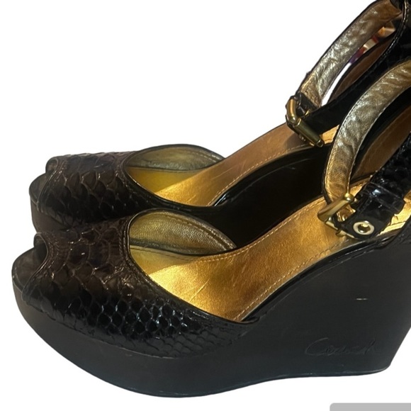 Coach Chocolate python leather open toe ankle strap wedge heels Sz 7B Women - Picture 2 of 14